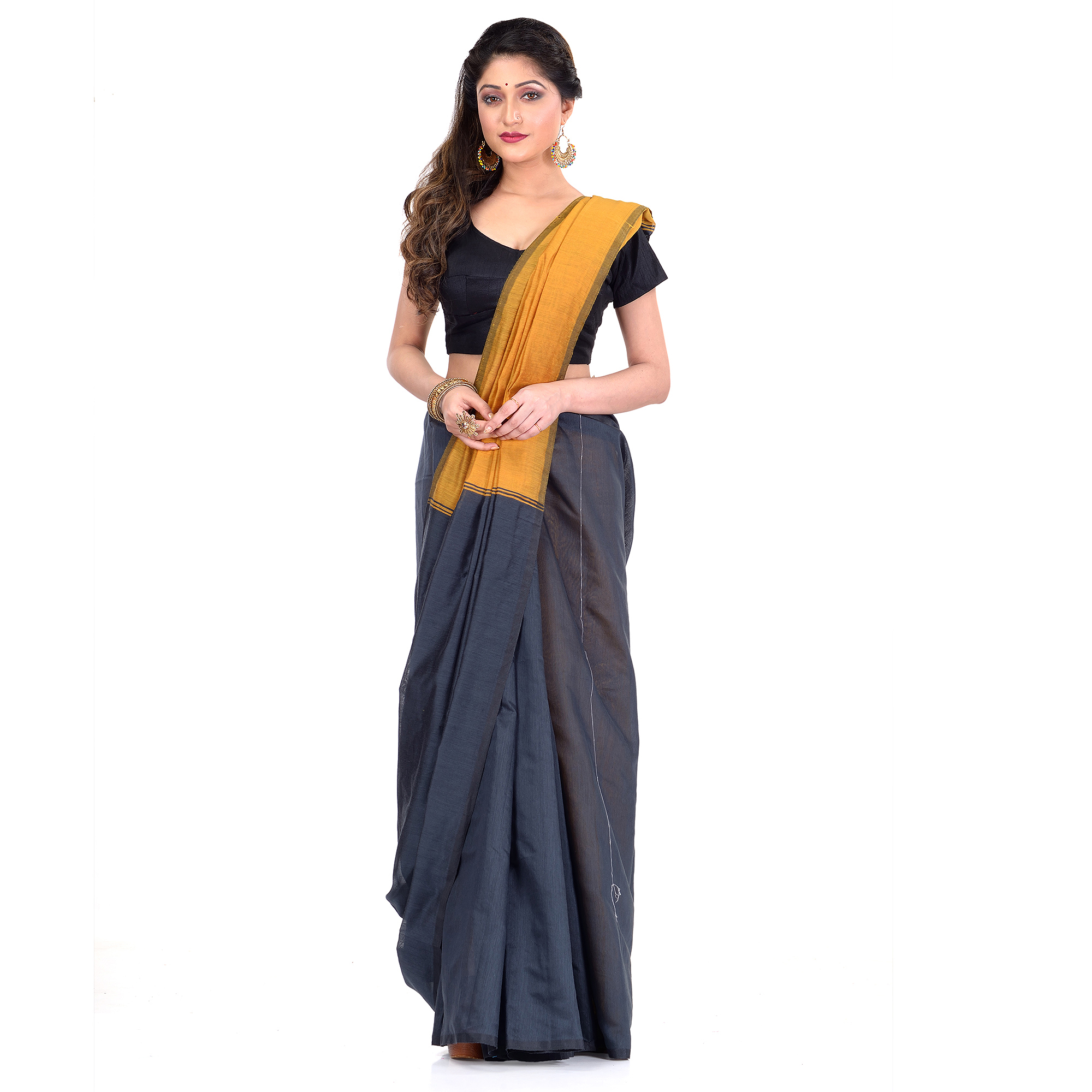 DESH BIDESH Women`s Bengal Half Half Ghicha Handloom Cotton Silk Saree With Blouse Piece (Black Orange)